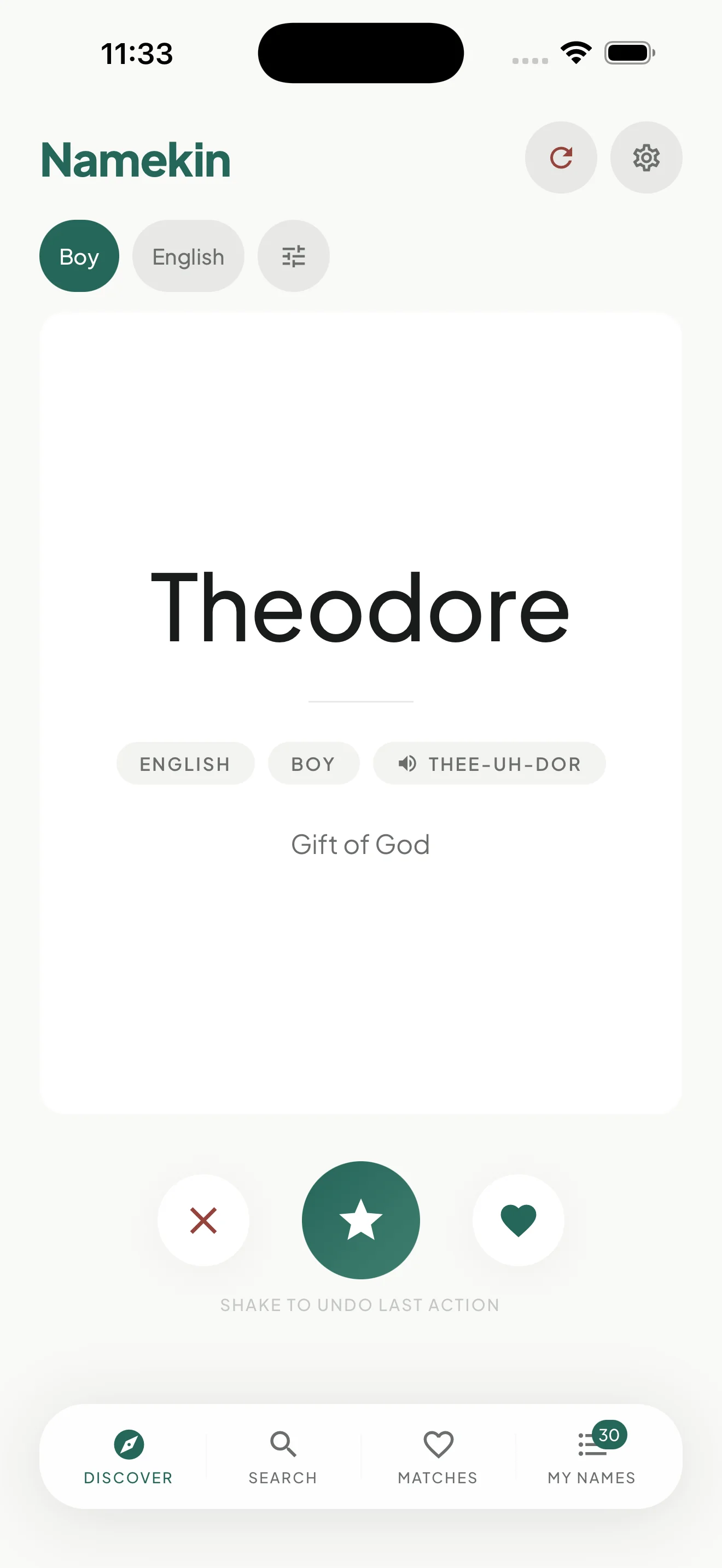 Discover names by swiping through beautifully designed cards