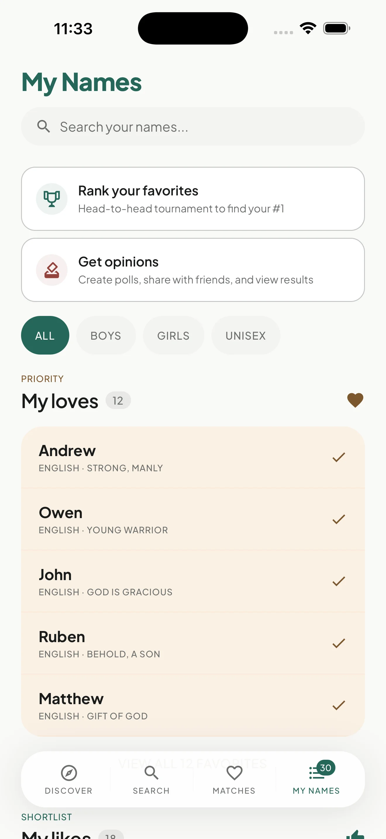 Organised list of your favourite names with search and filters