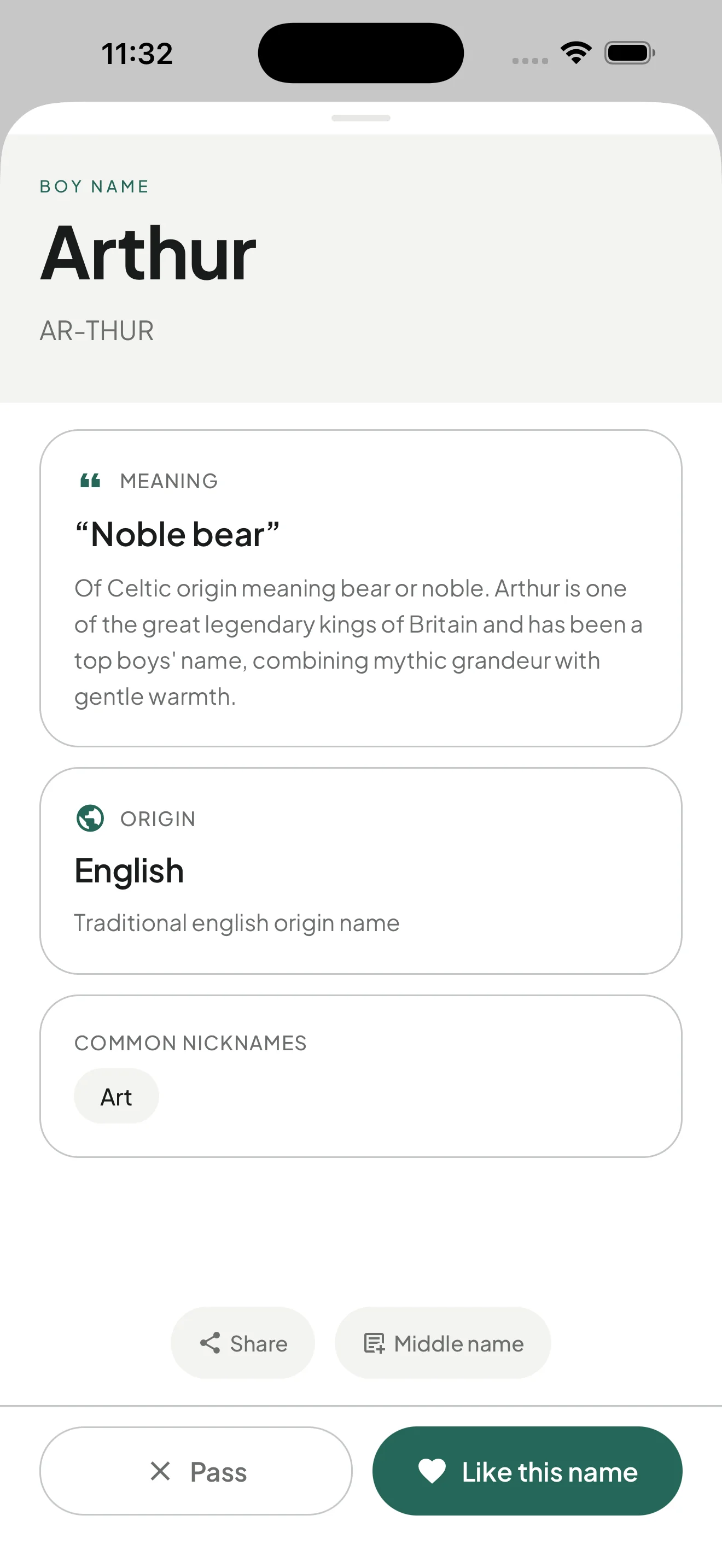 Detailed name view with meaning, origin, and nicknames